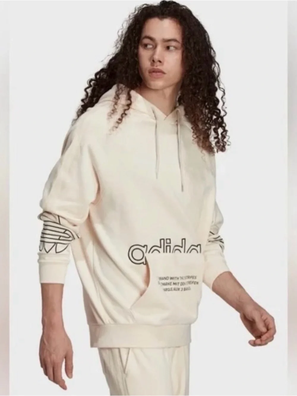 Adidas Originals Tricolor Graphic Hoodie Cream Pullover Sweatshirt Men’s S